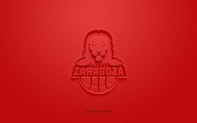 Basket Zaragoza, creative 3D logo, red background, Spanish basketball team, Liga ACB, Zaragoza, Spain, 3d art, basketball, Basket Zaragoza 3d logo