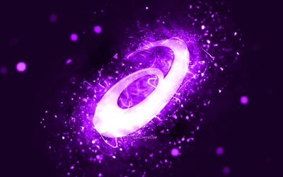 ASICS violet logo, 4k, violet neon lights, creative, violet abstract background, ASICS logo, fashion brands, ASICS