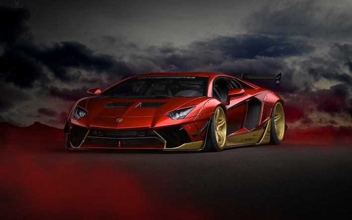 2021, Lamborghini Aventador, LP700-4, kırmızı s&#252;per araba, altın jantlar, Aventador tuning, kırmızı LP700-4, İtalyan spor arabaları, Lamborghini