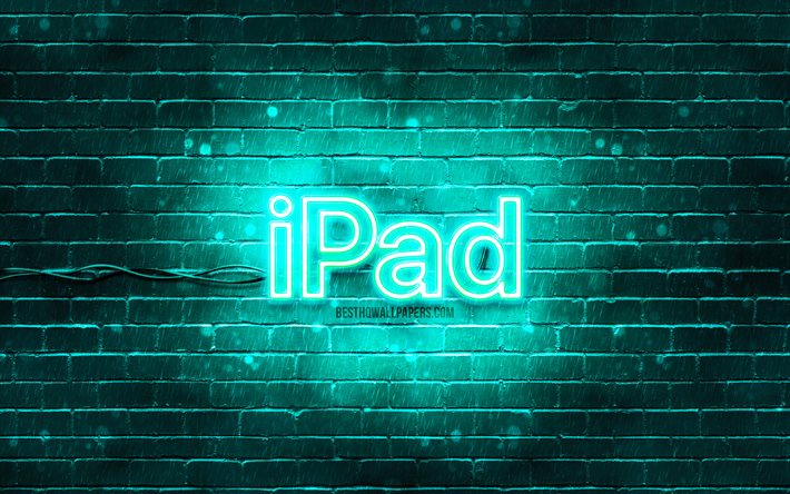 Logo turquoise IPad, 4k, mur de briques turquoise, logo IPad, Apple iPad, marques, logo n&#233;on IPad, IPad