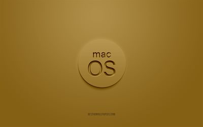 MacOS 3D logo, gold background, MacOS gold logo, 3D logo, MacOS emblem, MacOS, 3D art