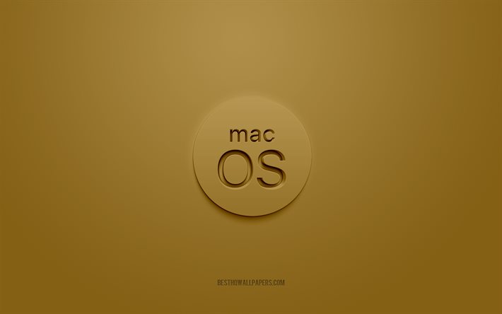Logotipo 3D do MacOS, fundo dourado, logotipo dourado do MacOS, logotipo 3D, emblema do MacOS, MacOS, arte 3D