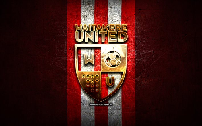 Waitakere United FC, logotipo dourado, Campeonato de futebol da Nova Zel&#226;ndia, fundo de metal vermelho, clube de futebol da Nova Zel&#226;ndia, logotipo do Waitakere United, futebol, Waitakere United