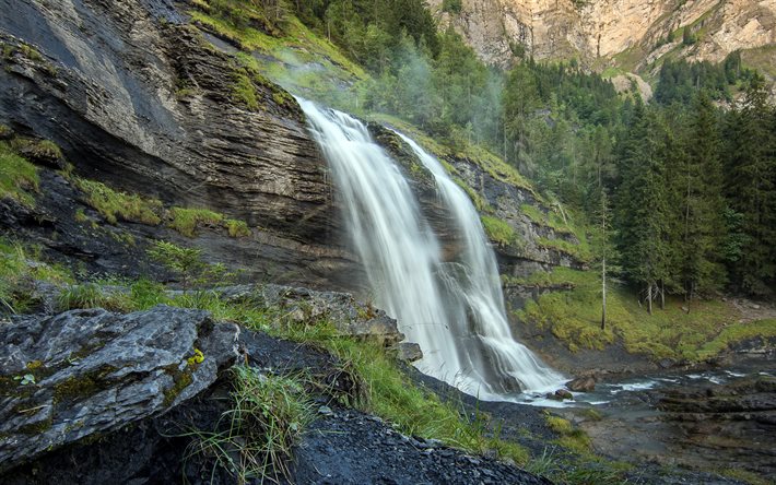 Waterfall, Rocks (岩), bonsoir, sunset, 山の滝, 山地, 水の概念, 小滝