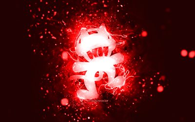 Monstercat logo rosso, 4k, Dj canadesi, luci al neon rosse, creativo, sfondo astratto rosso, logo Monstercat, stelle della musica, Monstercat