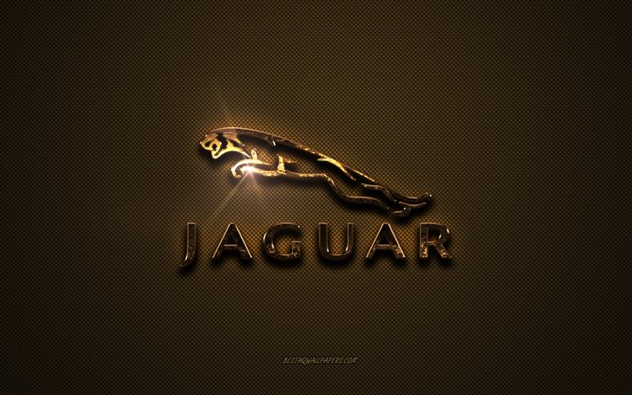 Jaguar logo dorato, opere d&#39;arte, sfondo marrone in metallo, emblema Jaguar, creativo, logo Jaguar, marchi, Jaguar