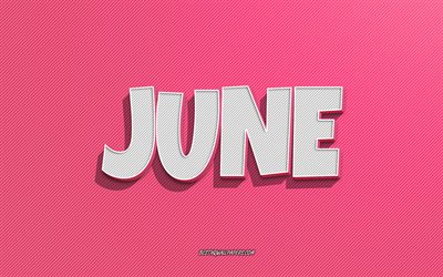 June, pink lines background, wallpapers with names, June name, female names, June greeting card, line art, picture with June name