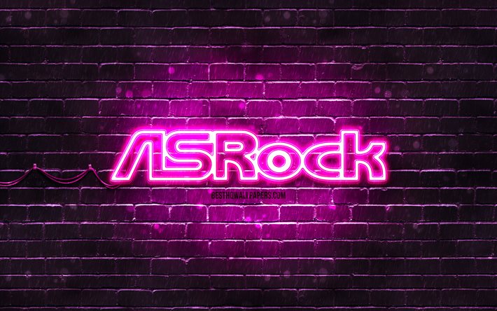 ASrock logo viola, 4k, muro di mattoni viola, logo ASrock, marchi, logo ASrock neon, ASrock