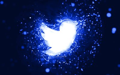 Twitter mörkblå logotyp, 4k, mörkblå neonljus, kreativ, mörkblå abstrakt bakgrund, Twitter logotyp, socialt nätverk, Twitter