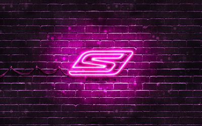 Skechers purple logo, 4k, purple brickwall, Skechers logo, brands, Skechers neon logo, Skechers