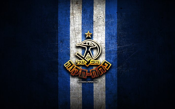 Hapoel Petah Tikva FC, logo dorato, Leumit League, blu, metallo, sfondo, calcio, squadra di calcio Israeliana, Hapoel Petah Tikva, logo