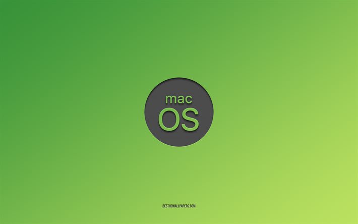 MacOS green logo, 4k, minimalism, green background, macOS, OS, macOS logo, macOS emblem