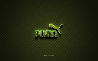 Puma logotyp, gr&#246;n kreativ logotyp, logotyp f&#246;r blomsterkonst, Puma-emblem, gr&#246;n kolfiberstruktur, Puma, kreativ konst