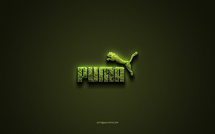 Puma logo, green creative logo, floral art logo, Puma emblem, green carbon fiber texture, Puma, creative art