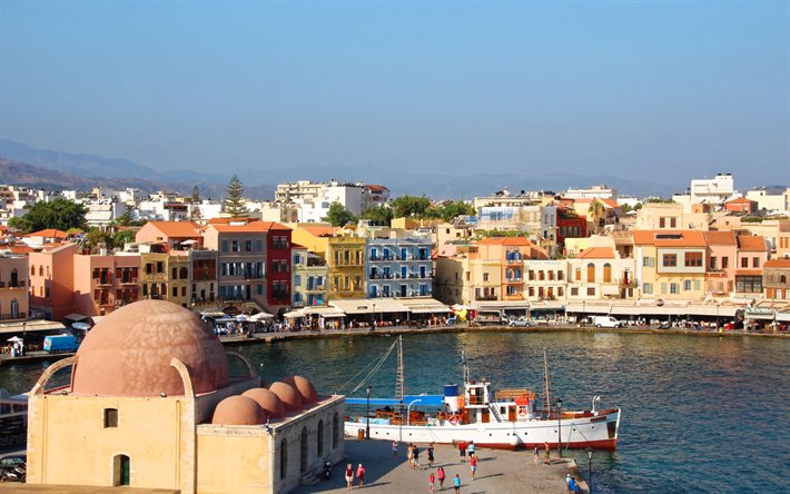 Chania, Crete, Venetian port, evening, sunset, resorts of Greece, Crete island, Chania cityscape, Greece