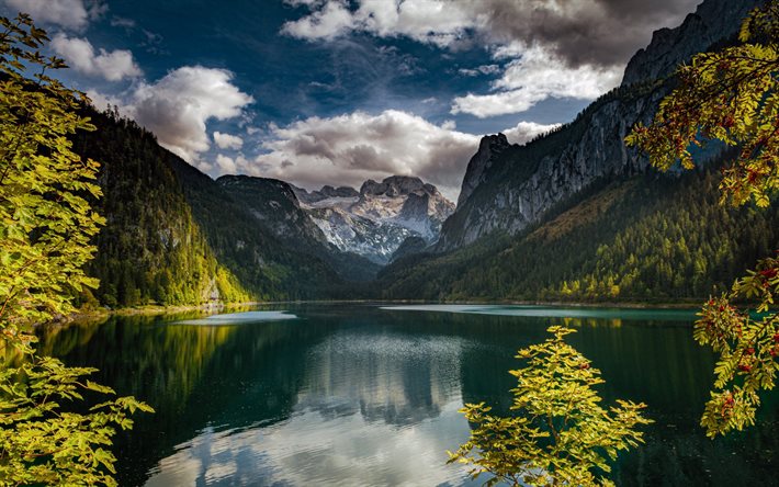 Lago Gosau, lago di montagna, Alpi, paesaggio di montagna, Gosauseen, sera, montagne, Alta Austria, laghi, Austria