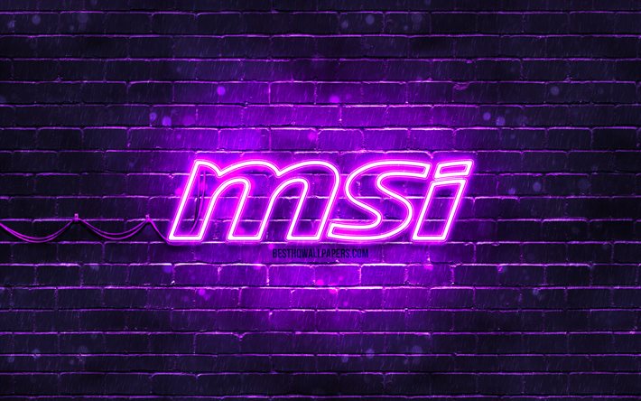 MSI menekşe logosu, 4k, menekşe tuğla duvar, MSI logosu, markalar, MSI neon logosu, MSI