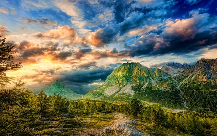 Alpes, It&#225;lia, c&#233;u nublado, montanhas, ver&#227;o, nuvens, HDR, bela natureza, Europa