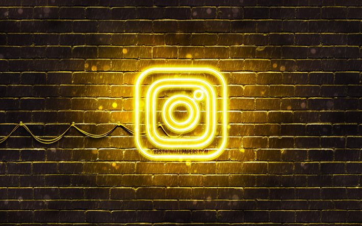 Instagram gul logotyp, gul tegelv&#228;gg, 4k, Instagram ny logotyp, sociala n&#228;tverk, Instagram neon logotyp, Instagram logotyp, Instagram