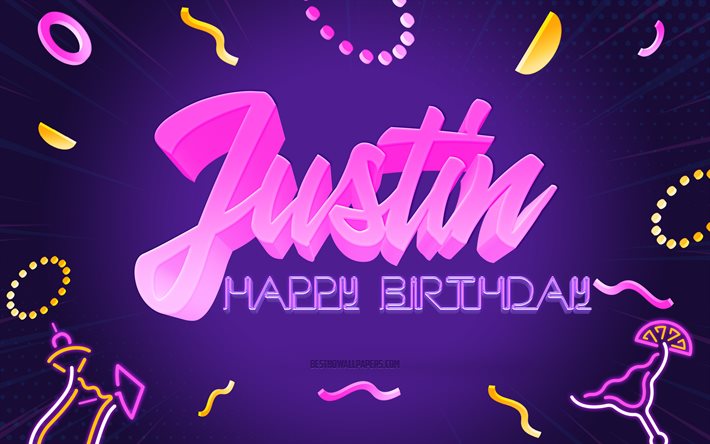 Happy Birthday Justin, 4k, Purple Party Background, Justin, creative art, Happy Justin birthday, Justin name, Justin Birthday, Birthday Party Background