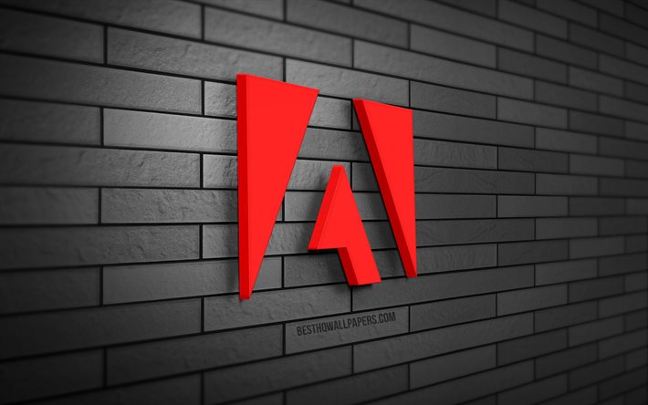 Logo Adobe 3D, 4K, muro di mattoni grigio, creativit&#224;, marchi, logo Adobe, arte 3D, Adobe