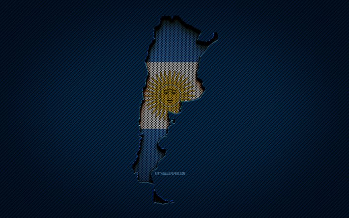 Arjantin haritası, 4k, G&#252;ney Amerika &#252;lkeleri, Arjantin bayrağı, mavi karbon arka plan, Arjantin harita silueti, G&#252;ney Amerika, Arjantin