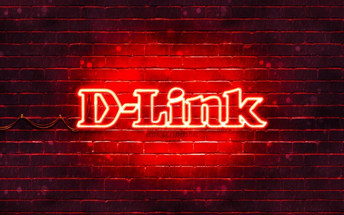 Logotipo vermelho da D-Link, 4k, parede de tijolos vermelhos, logotipo da D-Link, marcas, logotipo de n&#233;on da D-Link, D-Link