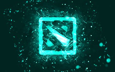 Dota 2 turquoise logo, 4k, turquoise neon lights, creative, turquoise abstract background, Dota 2 logo, online games, Dota 2