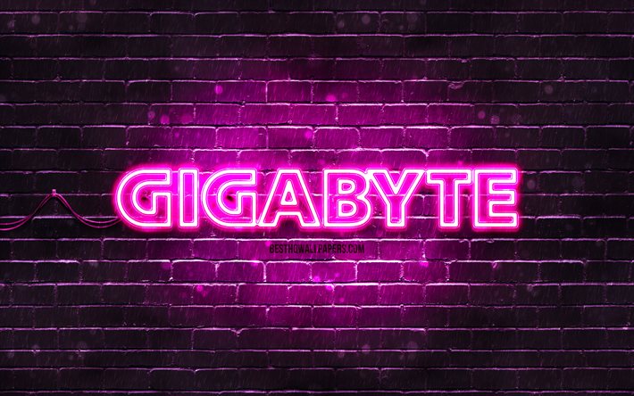 Gigabyte logo morado, 4k, brickwall morado, logo Gigabyte, marcas, logo Gigabyte ne&#243;n, Gigabyte