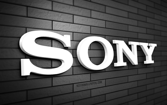 Logo Sony 3D, 4K, mur de briques gris, cr&#233;atif, marques, logo Sony, art 3D, Sony