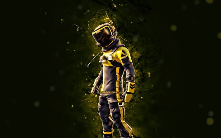 Yellow Toxic Trooper, 4k, yellow neon lights, Fortnite Battle Royale, Fortnite characters, Yellow Toxic Trooper Skin, Fortnite, Yellow Toxic Trooper Fortnite