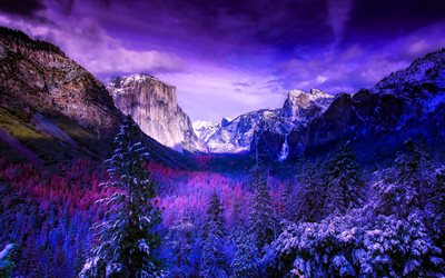 Yosemite Valley, inverno, paesaggio di montagna, crepuscolo, valle, Parco Nazionale di Yosemite, punti di riferimento americani, natura bellissima, Sierra Nevada, USA, America