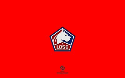 Lille OSC, red background, French football team, Lille OSC emblem, Ligue 1, Lille, France, football, Lille OSC logo