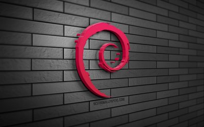Debian 3D logo, 4K, gray brickwall, creative, Linux, Debian logo, 3D art, Debian