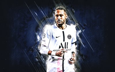 Neymar, PSG, Brazilian footballer, Paris Saint-Germain, portrait, grunge art, Neymar JR PSG, football, blue stone background
