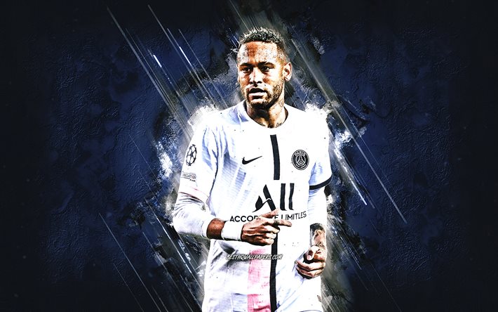 Neymar, PSG, footballeur br&#233;silien, Paris Saint-Germain, portrait, art grunge, Neymar JR PSG, football, fond de pierre bleue