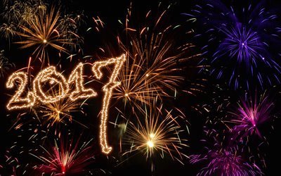Happy New Year 2017, 4k, fireworks, night, New Year