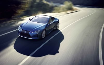 Lexus LC500h, 5K de 2017, los coches, supercars, de la carretera, movimiento, azul lexus