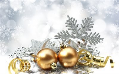 New Year, Christmas golden balls, snowflakes, christmas, christmas decorations