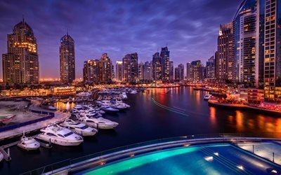 Dubai Marina, 4K, yachts, skyscrapers, canal, nightscape, UAE, United Arab Emirates