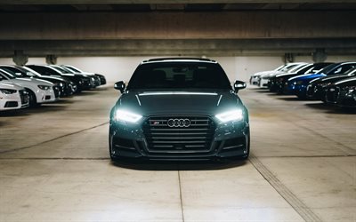 Audi S3, 4k, 2017 carros, far&#243;is, estacionamento, Audi