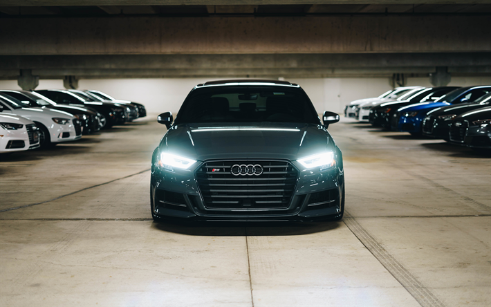 Audi S3, 4k, 2017 cars, headlights, parking, Audi