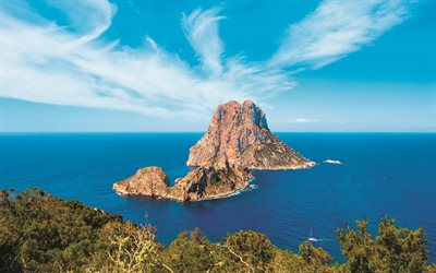 Akdeniz, Ibiza, Balear Adaları, kayalar, sahil, deniz, yaz, 4k, İspanya