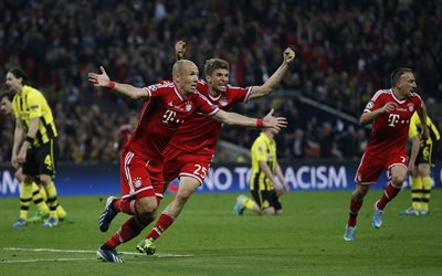 Arjen Robben, Thomas Muller, Franck Ribery, 4k, goal, Bayern Munich, footballers, soccer, Bundesliga, Robben, Ribery