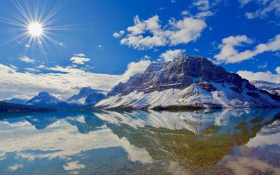 Bow Lake, 4k, inverno, Alberta, montagne, Nord America, Parco Nazionale di Banff, Canada