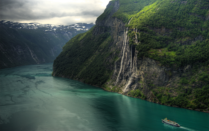 Geirangerfjord, paisaje de monta&#241;a, cascada, Fiordo, Sunnmore, Noruega