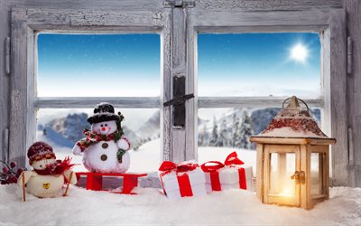 Christmas, evening, lantern, New Year, snowmen, winter, snow, xmas