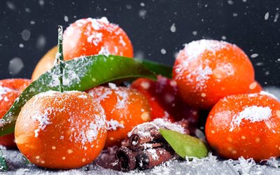 Mandarins, winter, New Year, fruits, cinnamon sticks