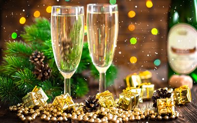 champanhe, 4k, Feliz Ano Novo 2018, copos, Novo Ano De 2018, natal, Natal
