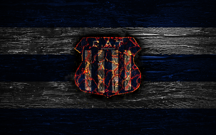 Talleres de C&#243;rdoba FC, el fuego logotipo, Argentino de Primera Divisi&#243;n, el azul y el blanco de las l&#237;neas, el Argentino de clubes de f&#250;tbol, AAAJ, Argentina Superliga, f&#250;tbol, logotipo, CA Talleres C&#243;rdoba, textura de mader